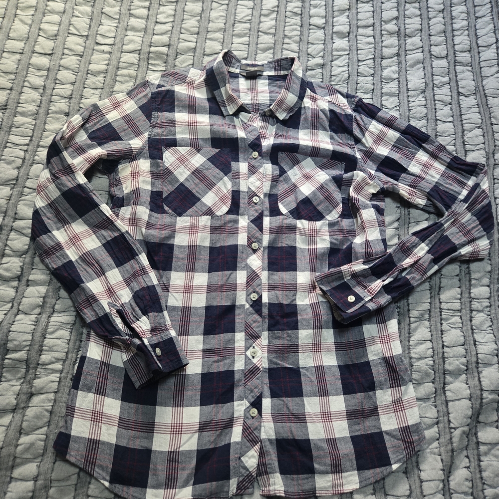 Eddie Bauer Women's Navy and White Plaid Button Down Shirt